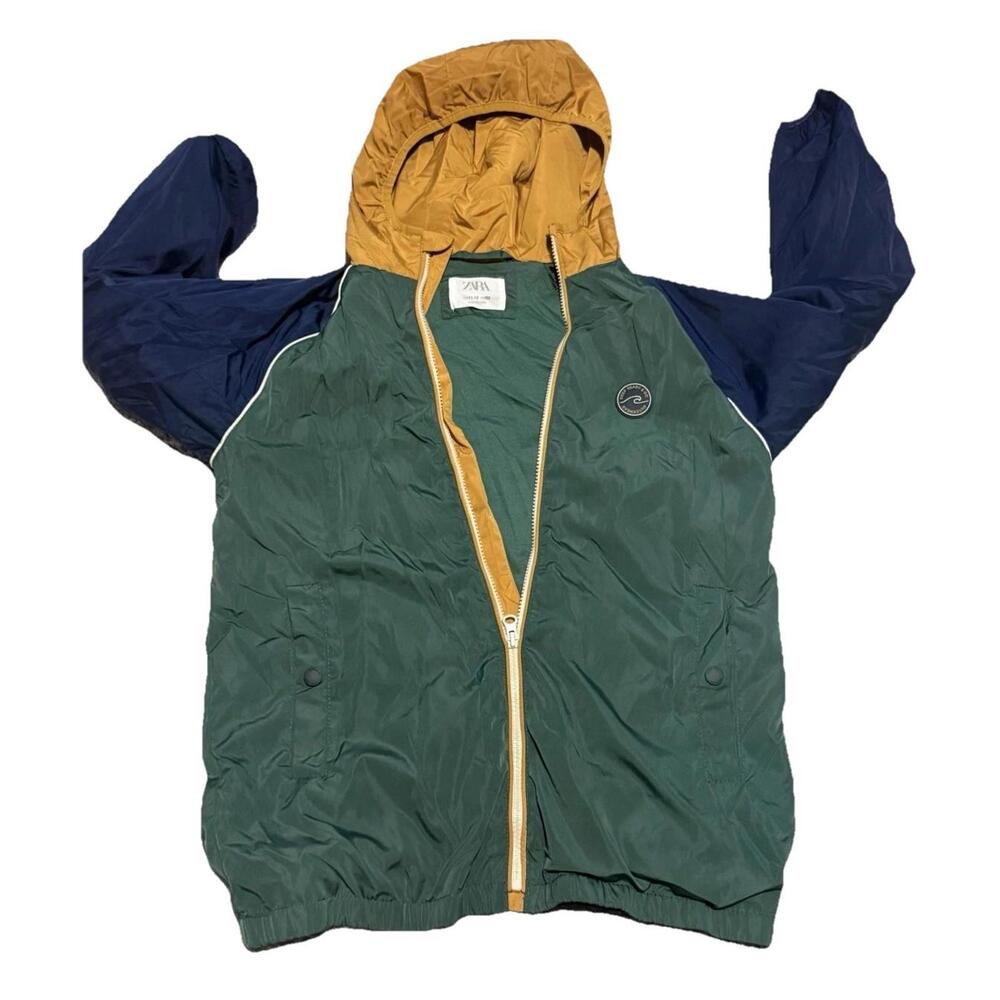 Zara Boys Hooded Windbreaker Jacket Green Navy Mustard Size 11-12